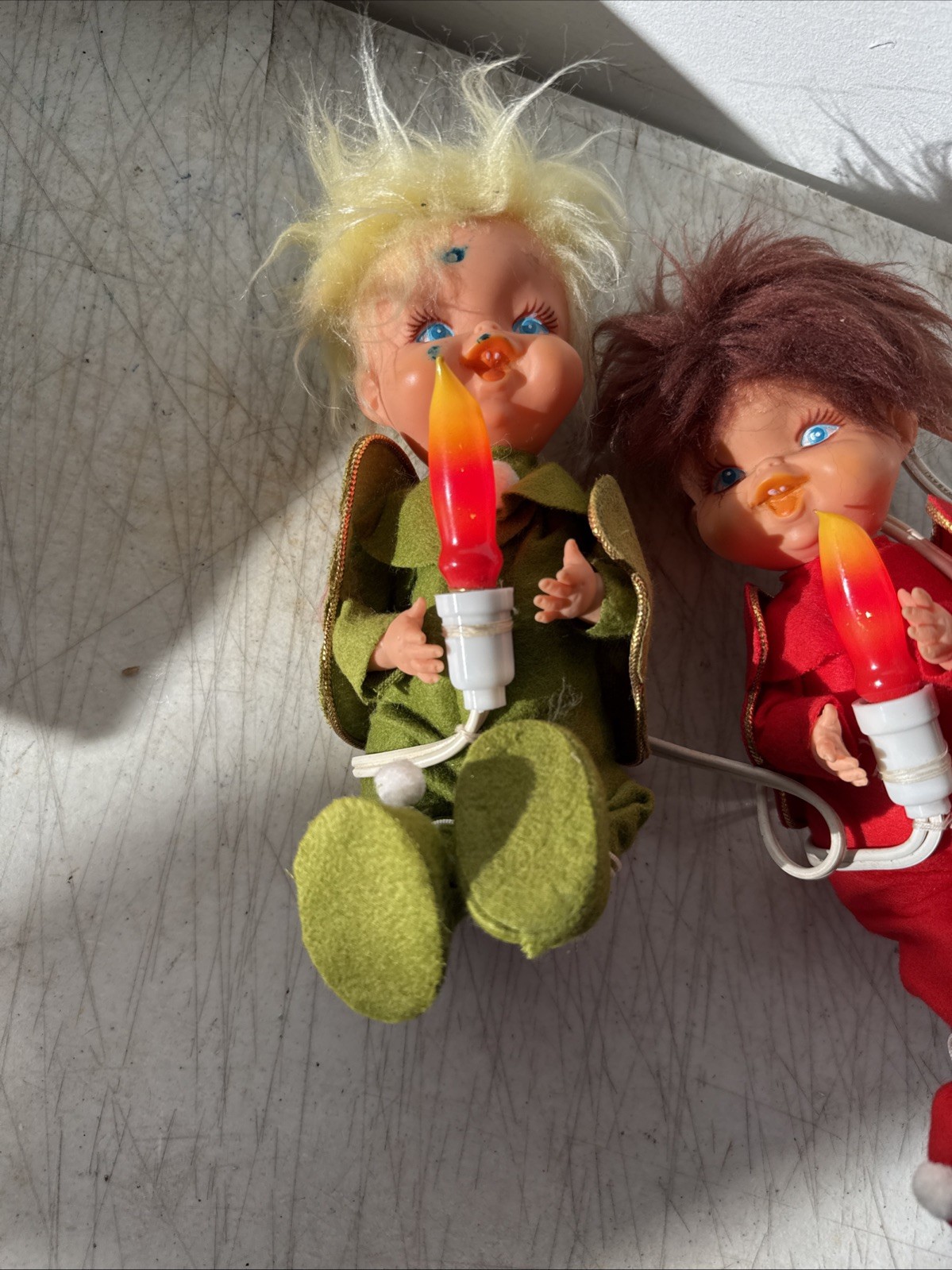 Pair Of Vintage Pixie Elf Candle Light Up Candle Holiday Christmas Dolls