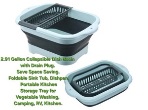 Collapsible Portable Dish Basin w Drain Plug 2.91 Gallon Vegetable Washing