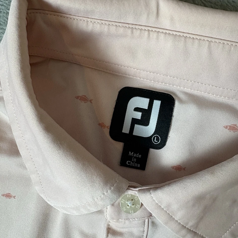 FootJoy Golf Shirt Polo Mens L Fish All Over Print Performance Preppy Pink Peach - Image 3 of 4