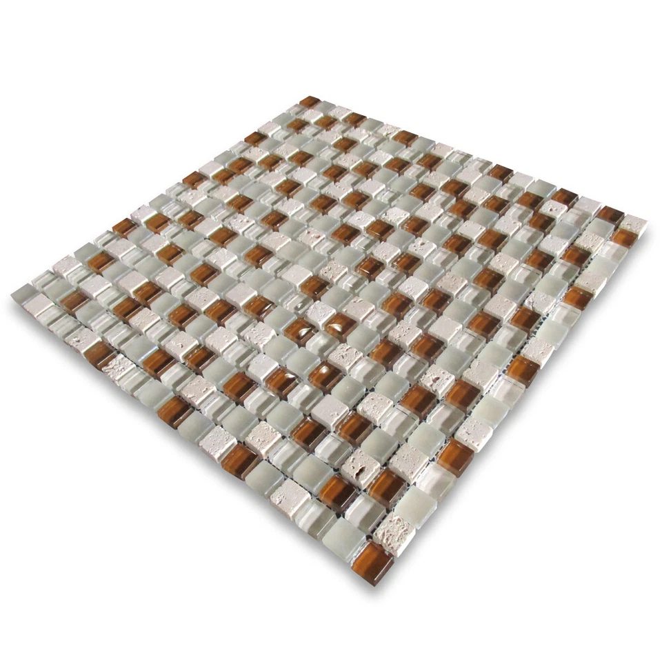 Mosaico de vidro A22003 azulejo branco marrom vidro bege travertino 5/8" backsplashes - Imagem 3 de 4