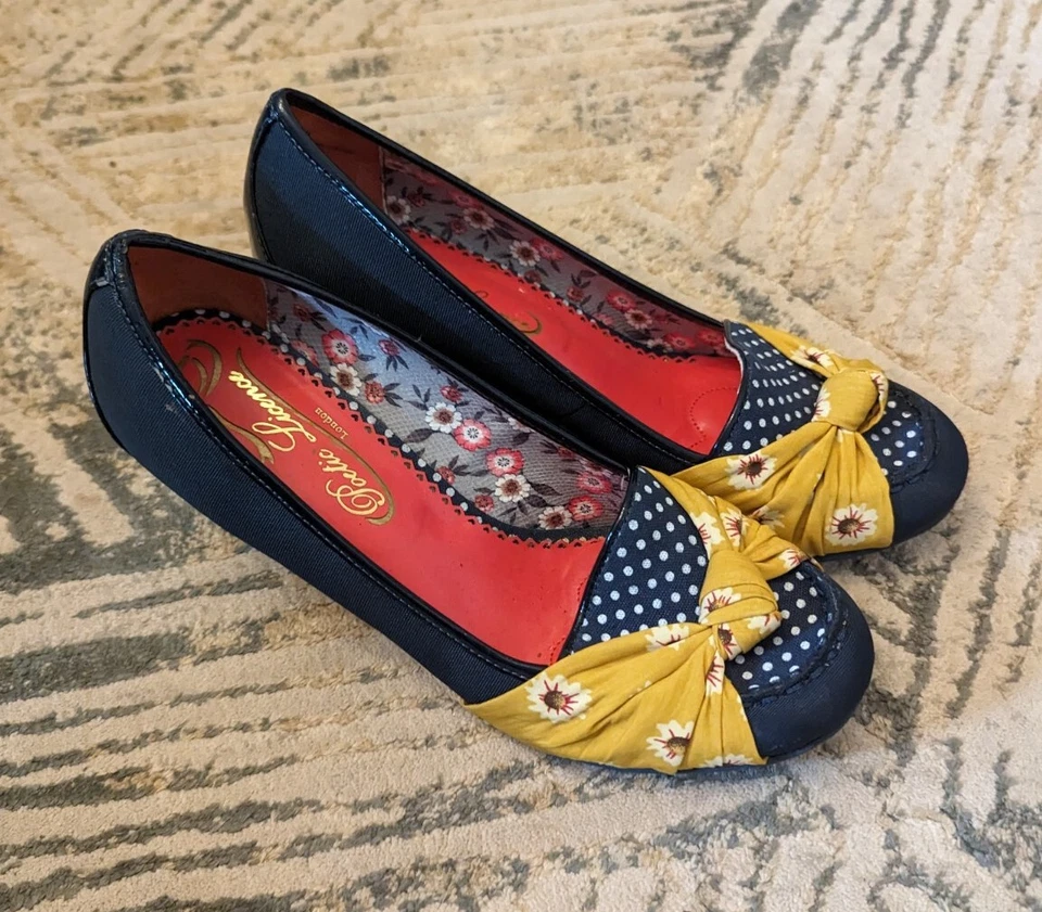 LICENCIA POÉTICA Azul Mostaza Lunares Arco Plataforma Cuña Tacones Zapatos Talla 8.5 Foto 3 de 4