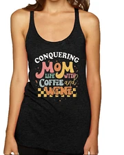 Conquering Mom Life With Coffee and Wine Checkered Stars Racerback Tank Top