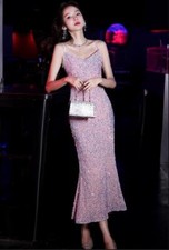 Trendy Pink Shine Sequins spaghetti strap Flounce Bodycon Fishtail Gown Dress
