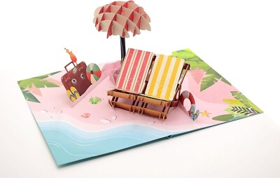 3D Pop-Up Karte am Meer - handgefertigte Strandszene, Urlaubsgeschenk, gute Reisewünsche