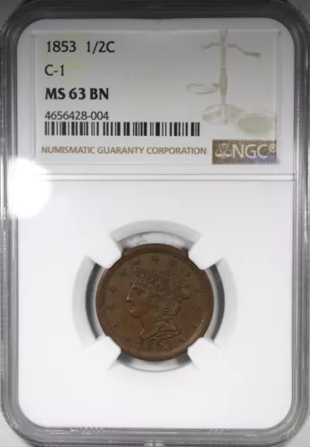 1853 Braided Hair Half Cent NGC MS63BN C-1 Chocolate Color