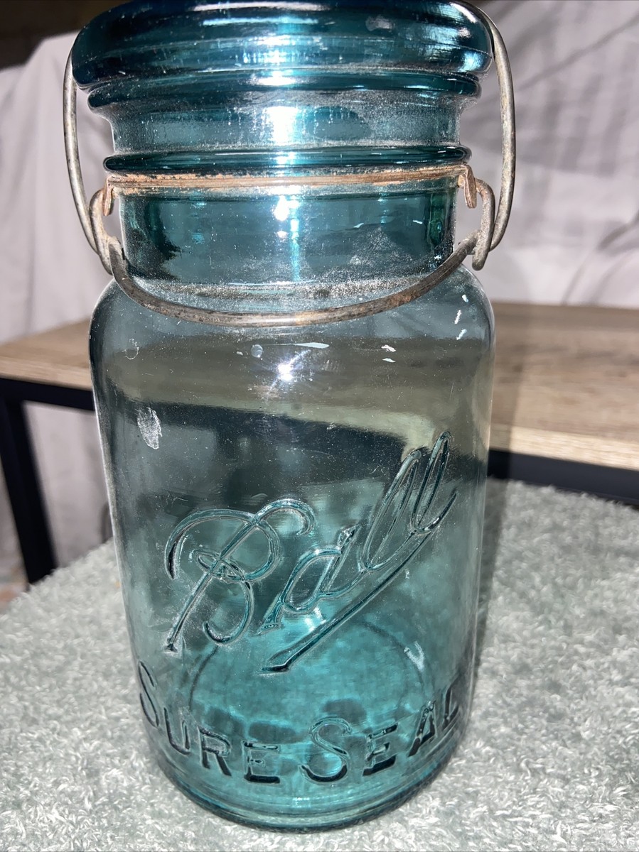 Vintage Blue Aqua Glass BALL SANITARY SURE SEAL Quart Fruit Mason