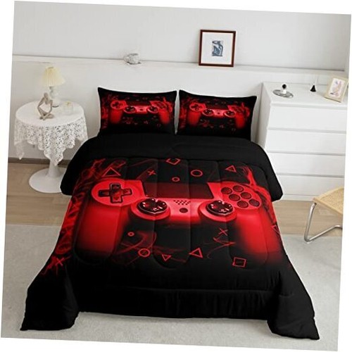 Gamer Comforter Set Size Boys Gaming Bedding for Kids Teens 3 Pcs Full Red