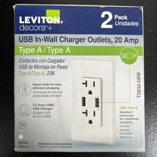 Leviton Decora 20 Amp 125-Volt Combination Duplex Outlet and USB Outlet, White (