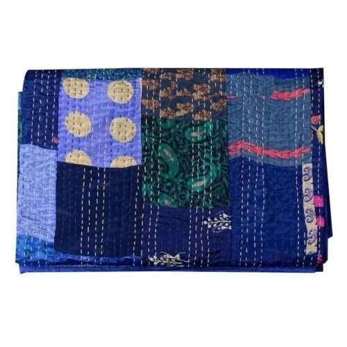 Colcha Kantha vintage retazos india hecha a mano edredón seda boho blanco Foto 3 de 4