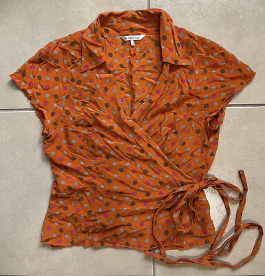 Marella Women s Sz12 Orange Wrap Silk Polka Dot Short Sleeve Drawstring Blouse