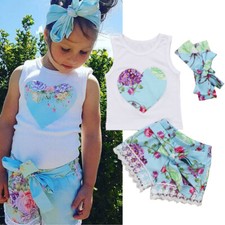 3PCS Newborn Kids Baby Girl Outfits Clothes Romper Bodysuit Lace Shorts Set