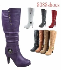 Women's 6 Color High Heel Round Toe Platform Zip Knee Mid Calf High Boots 