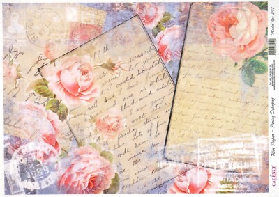Cadence A4 Reispapier Shabby Chic rosa Rosen Buchstaben Decoupage Papier Modell Nr 347
