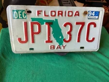 License Plate Tag Florida Fla. Bay JPI 37C Green State Outline 1994 Rustic