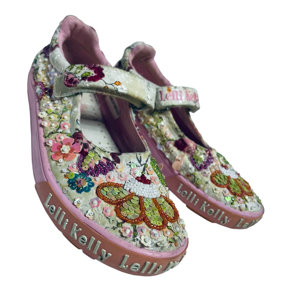 Zapatos para niños pequeños Lelli Kelly Mary Jane multicolor con cuentas blanco rosa floral 33 EE. UU. 2 Foto 2 de 4