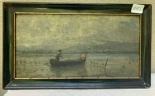 Dipinto-Pescatore nel canneto-Fine 800-Olio su cartone-Attribuzione a Fragiacomo