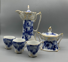 Beautiful Limoges Made in China White with Blue Roses Teapot-Sugar-Cups