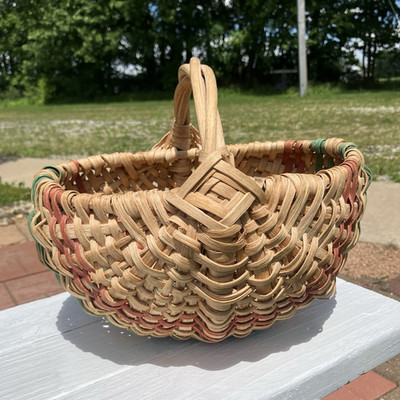 Authentic Jamaican Woven melon Basket w/ Handle Handcrafted Green & Red Accents