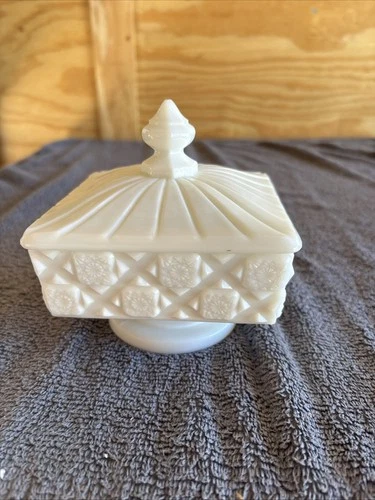Westmoreland Footed Candy Dish With Lid White Milk Glass Old Quilt Vintage