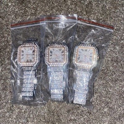 Lot of 3 Silver-Tone Iced Out Square Analog Bracelet Watches Roman Numerals