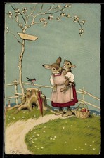 Künstler-AK Fritz Baumgarten: Vermenschlichte Hasenfrau mit ihrem Kind auf dem  