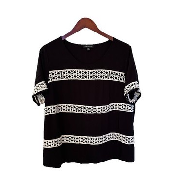 Lane Bryant 18/20 1X Black Top White Crochet Lace Trim Short Sleeve Plus Size