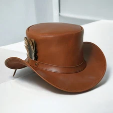 Men’s Brown Leather Top Hat, Handmade Western Cowboy Hat with Feather Accent
