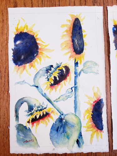 Set of 2 Original Watercolor M Bevarly Sunflowers Cotton Paper Unframed 10 x 6" - 第 5/9 張圖片