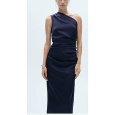 NWT Mango Asymmetrical pleated dress Night Navy Blue Size Small