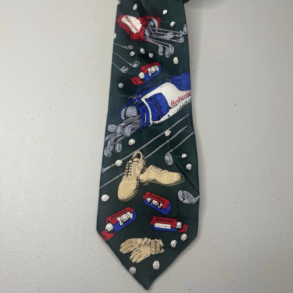 Budweiser Golf 1 Corbata Vintage 1999 Anheuser-Busch Verde Novedad Seda Hecha a Mano Foto 2 de 4