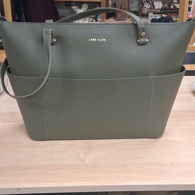 Anne Klein Green Pebbled Large Tote Bag Zip w/ Pouch Gold Hardware Strap