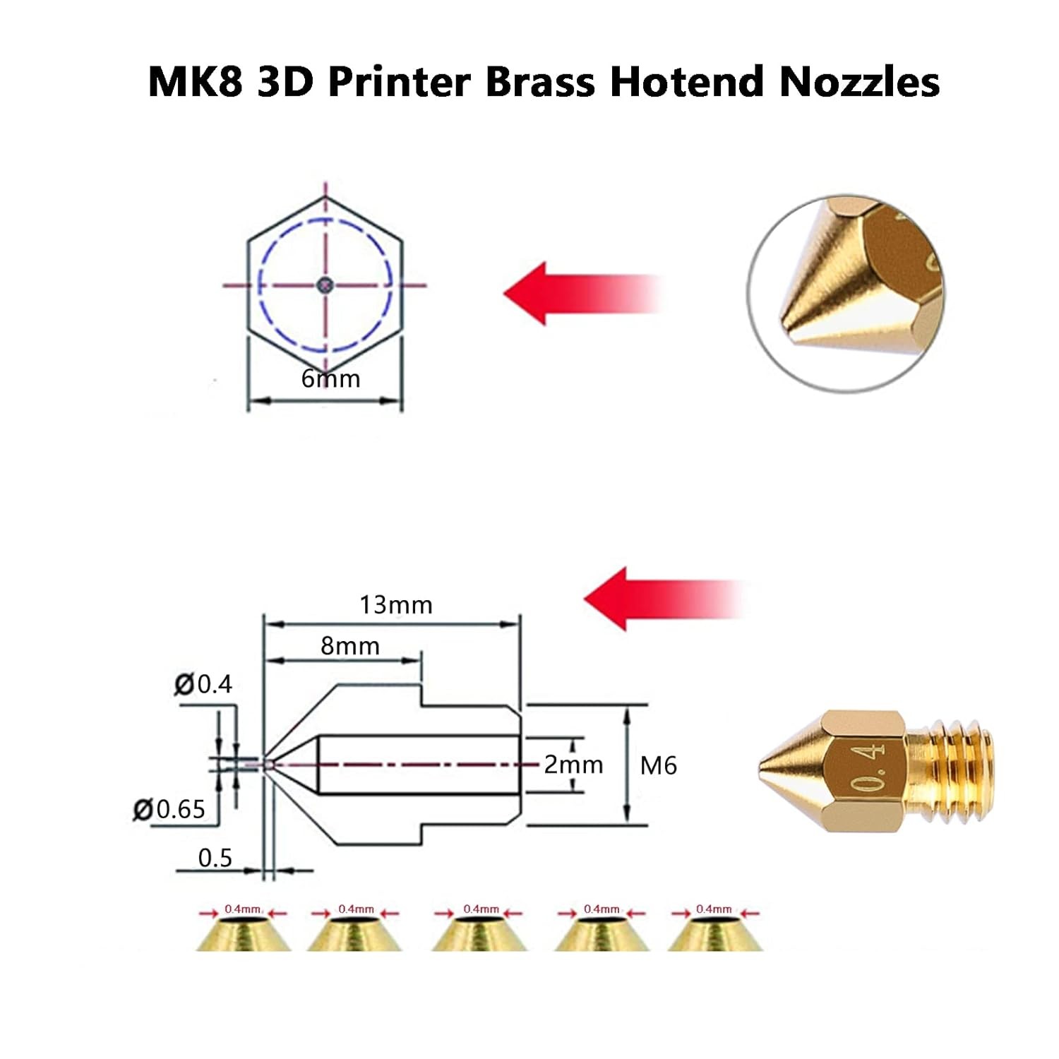 Comgrow 25PCS MK8 Ender 3 V2 Nozzles 0.4MM, 3D Printer Brass Hotend Nozzles with