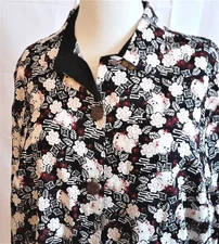 CJ Banks Shirt Top 1X Linen Blend Black Floral Button Front Long Sleeve Blouse 