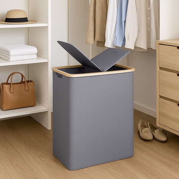 WäSchesortierer Bambus WäSchekorb 2 FäCher 34X54X65 Cm WäSchebehäLter Trenner-image