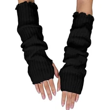 Black Arm Warmers,Knitted Fingerless Gloves for Women,Autumn Winter Stretchy 
