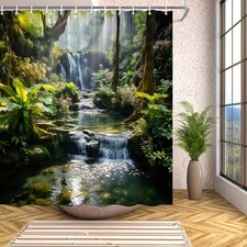 Tropical Jungle Stream Waterfal Waterproof Shower Curtain Bathroom Multiple Size