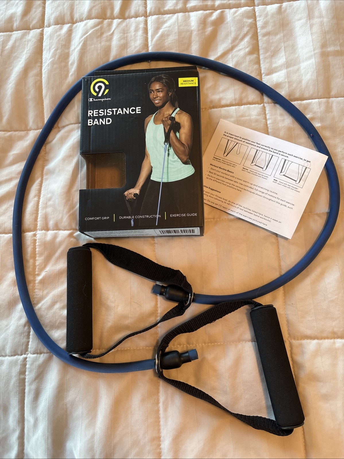 Champion Resistance Band Medium Blue with Comfort Grip Handles+ Exercise Guide