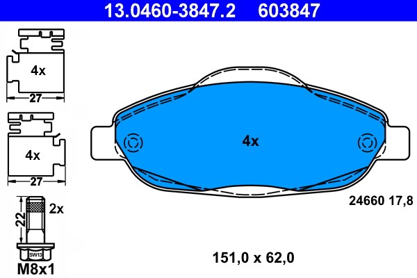13.0460-3847.2 ATE Brake Pad Set, Disc Brake for Peugeot