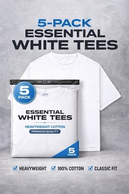 Men's Heavyweight 100% Cotton White Crew Neck Tee 5-Pack Classic Fit Large
