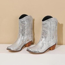 Sequin Mid Calf Boots Block Heel Pointy Toe Casual Womens Side Zip Fringe Shoes