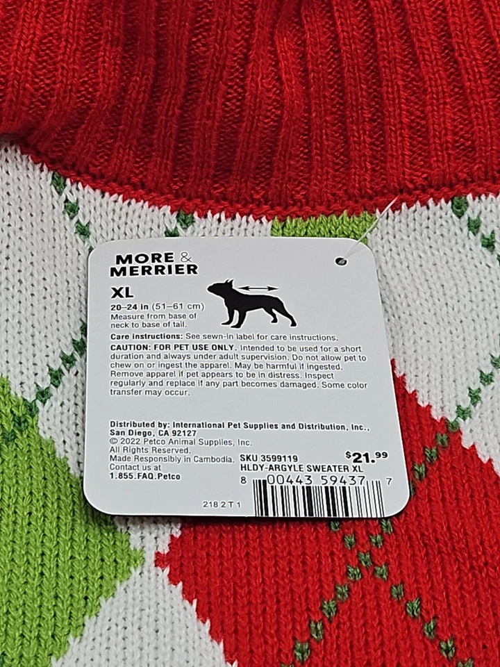 More & Merrier Christmas Red And Green Argyle Pet Sweater XL (20-24 In) - Image 3 of 4