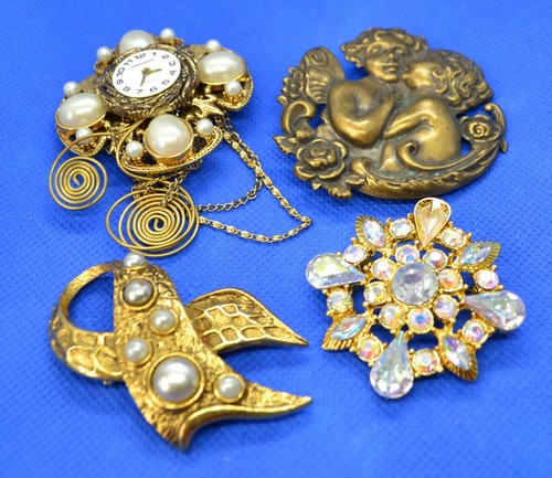 Lote de 12 broches de bisutería retro vintage, perlas de pedrería de metal, 925 - Imagen 5 de 11