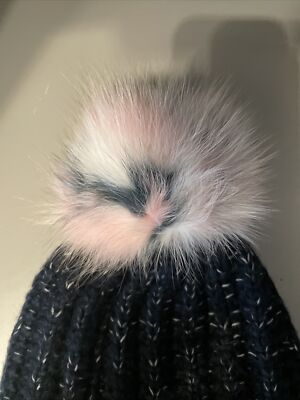 KYI KYI Hat Beanie with Genuine White/Pink Fox Fur Pom Navy  display picture 1