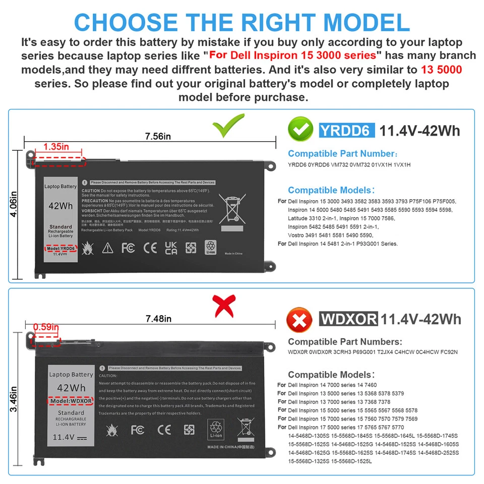 LOTE YRDD6 Batería Para Dell Inspiron 14 3493 3582 5482 5491 2 en 1 0YRDD6 42wh Foto 2 de 4