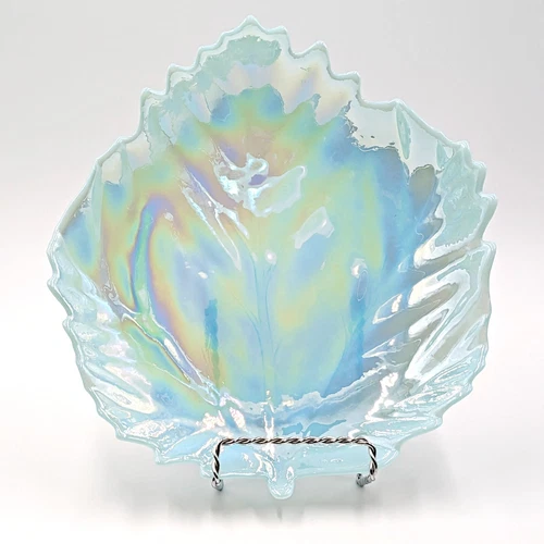 Vintage Ferro Murano Art Glass Leaf Dish Blue Iridescent  Murano Sticker Card