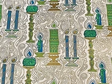 VTG CHRISTMAS WRAPPING PAPER GIFT WRAP 1960 BLUE GREEN CANDLES WITH GOLD ACCENTS