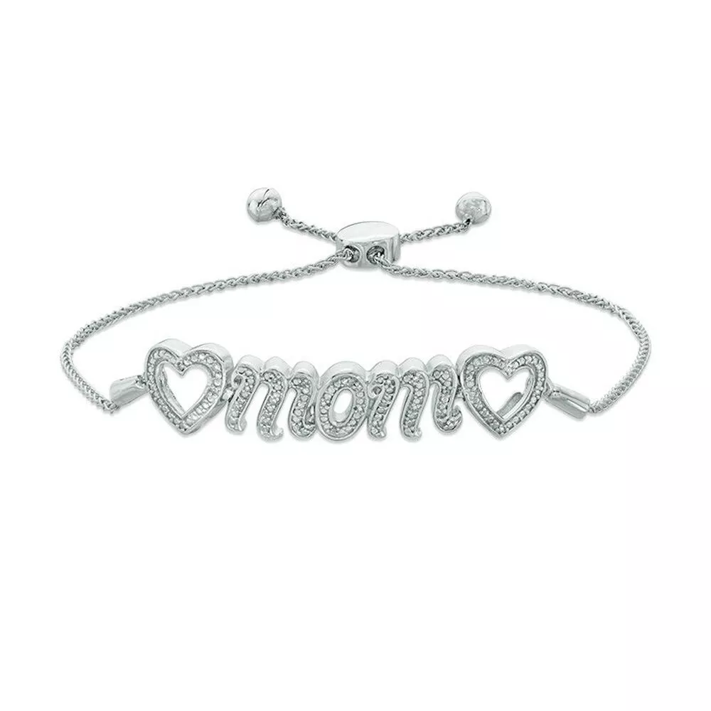 1 10CT Round Moissanite Heart Mom Adjustable Bolo Bracelet White