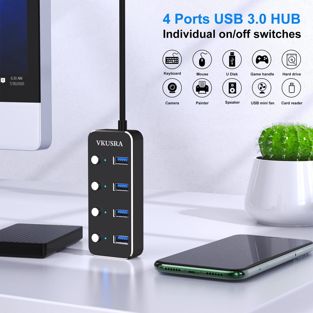 4-Port USB 3.0 Hub with 4ft Cable & LED Indicators