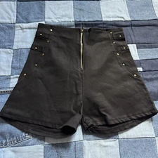 High Waisted Black Denim Shorts, Gold Zipper Front, Gold Hardware Accents, Sz 00