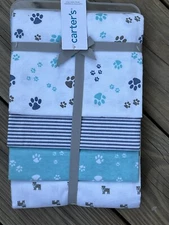 Carters 4 Pk Baby Receiving Blankets Blue Paw Print Puppy Dog Stripe Cotton New